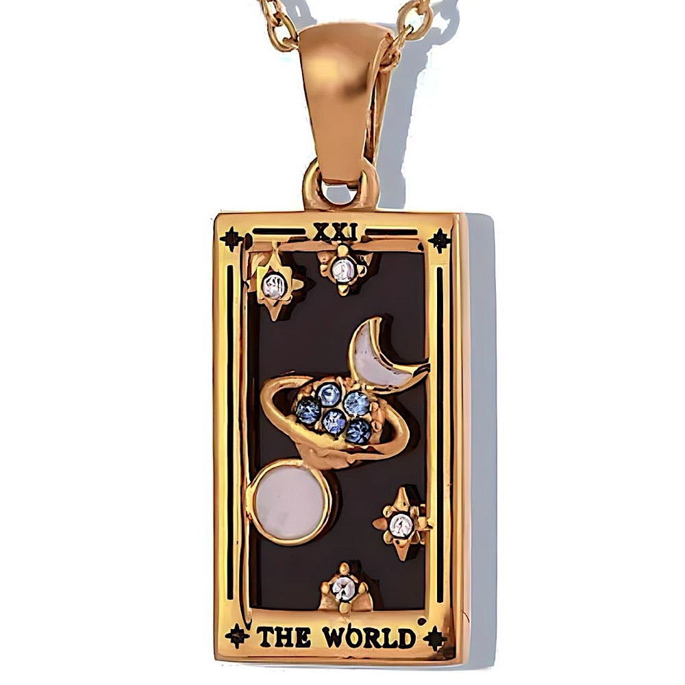Dainty Gold Tarot Card Necklace | The World, 18k Plated, 316L Stainless Steel